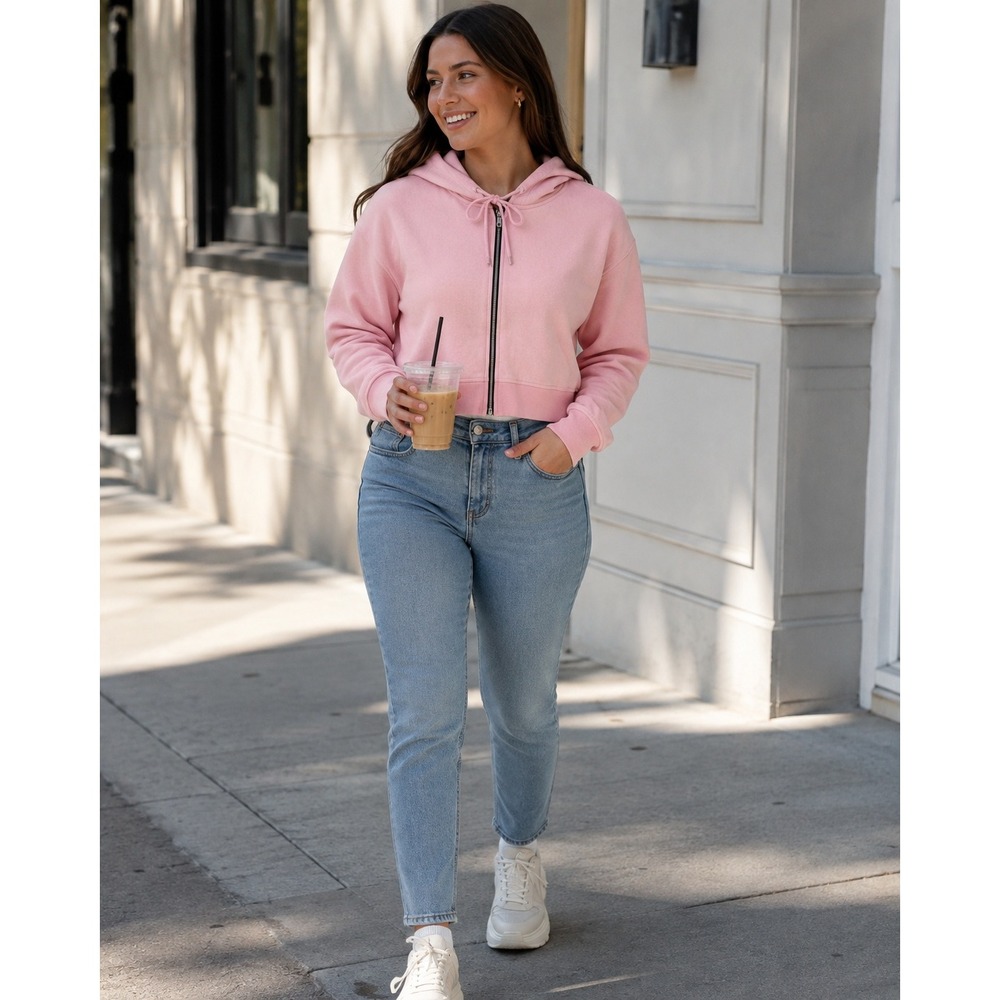 PrettyLittleThing Womens Pink Cropped Zip Up Hoodie Sweatshirt Size M
